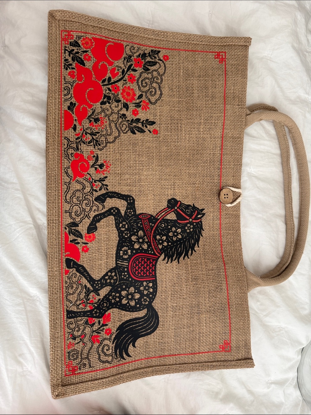 Natural Jute Tote Bag with Black & Red Horse Print